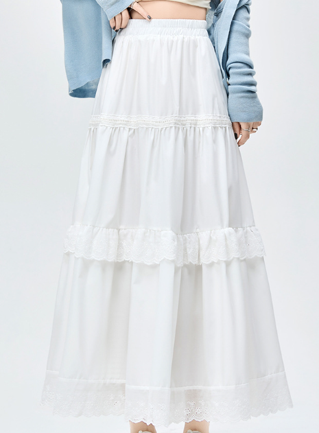 Ruffle Trim A-line Skirt, Solid Color Maxi Length Layered Skirt, Women's Clothing